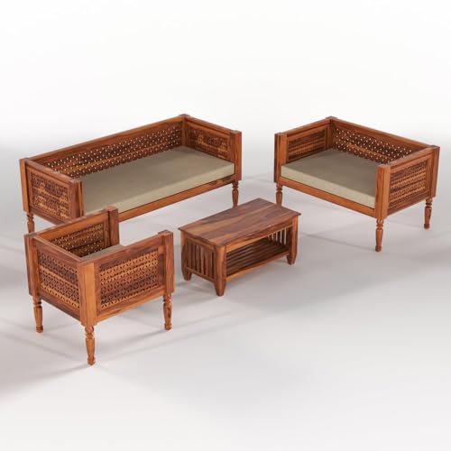 Image of Sheesham Wooden 6 Seater Sofa Set for Living Room | Rosewood Cushion Sofa | Solid Wood Sofa Set for Lounge (Honey, 6 Seater)