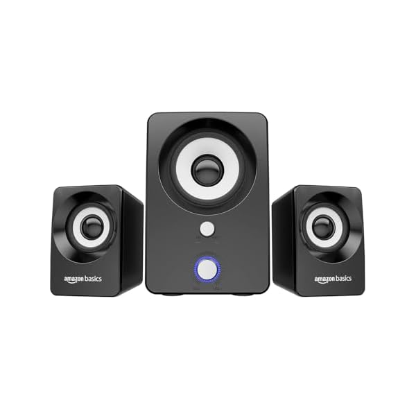 amazon basics Multimedia Speaker | USB Powered | Wired Desktop Speakers with Powerful Bass | Built-in Subwoofer (Black)