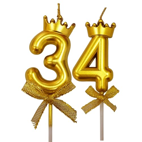 Image of 2 Pc 34 Number Candle for Birthday Cake Metallic 34th Birthday Cake Decoration Thirty Four Candle with Crown on Top Cake Topper 0-9 Number Candles for Anniversary (Pack of 2, Gold)