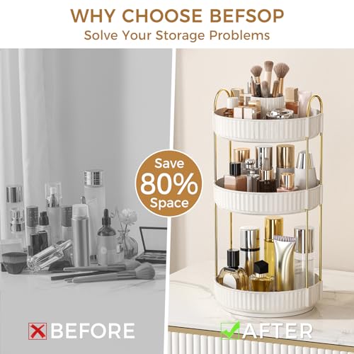 Image of 360 Rotating Makeup Organizer, Upgraded 3 Tier Skincare Perfume Organizers for Women, Bathroom Organizer Countertop, Clear Cosmetic Dresser Organizer with Makeup Brush Holder, Sink&Counter(White)