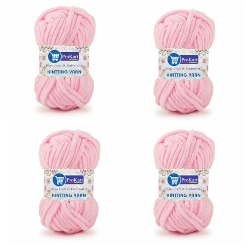 Image of ProKart Premium Blankie Wool, Plush & Cuddly, Chenille Yarn Supersoft Hand Knitting Wool Ball | Blanket Thick /Mottu Yarn Ball Suitable for Hand Knitting and Crocheting (Baby Pink, 100gms x 4 Pack)