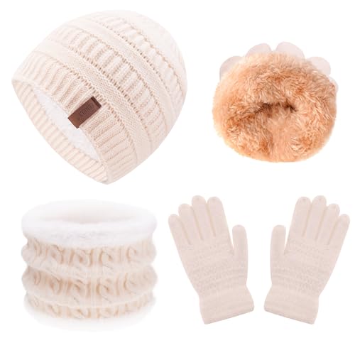 Image of 3 Pack Winter Beanie Hat Scarves Gloves for Boys Girls 2-6-10-14 Years Boys Girls Thermal Warm Thick Knit Fleece Lined Set