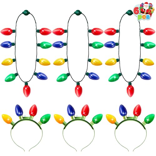 JOYIN 6 Piezas Diadema y Collar con Luces LED de Navidad con 6 Modos de Intermitencia, Accesorios para Suministros de Fiesta de Navidad