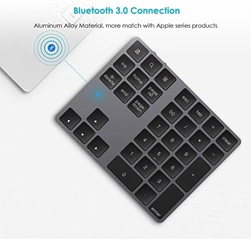 IKOS Bluetooth Numeric Keypad, Rechargeable Wireless Keyboard with Multiple Shortcuts 34-Keys numeric keypad for Macbook/iPad/Laptop/PC/iphone Compatible with Surface Pro Windows Android iOS