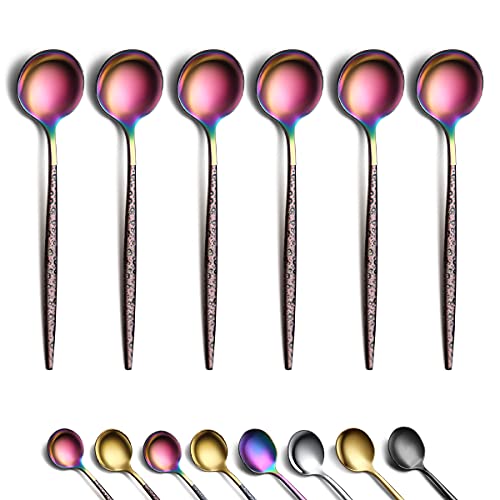 Rainbow Coffee Spoons Set of 6, Kyraton Stainless Steel 5.1" Hammered Brown Handle Demitasse Spoons, Tiny Espresso Spoons, Small Mini Coffee Spoons, Dishwasher Safe