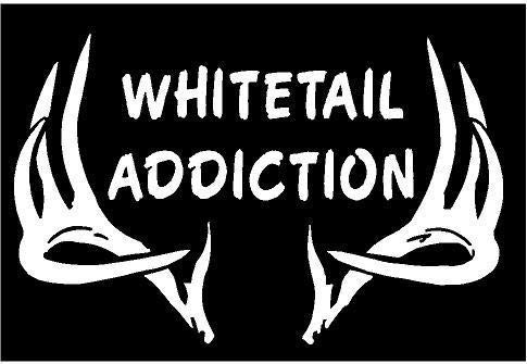 White Vinyl Decal - Whitetail Addiction Deer Antlers Horn Hunt Buck Fun Truck, Die Cut Decal Bumper Sticker for Windows, Cars, Trucks, Laptops, Etc.