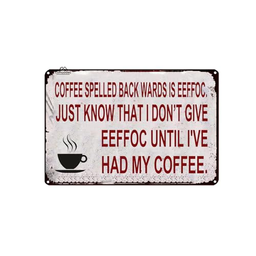Letrero de lata divertido con texto en inglés "Coffee Spelled Backwards Is Eeffoc" | Decoración rústica de cocina y barista | Regalo para amantes del café de granja de 8 x 12 pulgadas