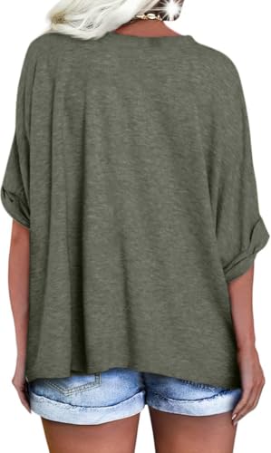 Image of UNCLECAT Womens V Neck Oversized T-Shirts Summer Short Sleeve Loose Tops | Plus Size, Rolled-up Sleeves, Trendy Fashion Clothes, Deep V Neck, Casual Basic Tee