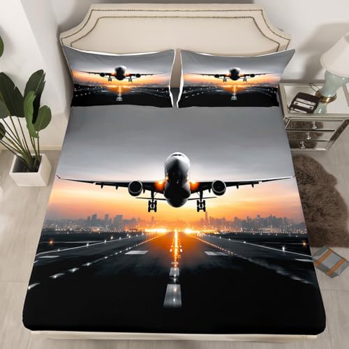 Aviation Aircraft Fitted Sheet Twin Size,Kids Boys Men 3D Airport Airplane Bedding Set,Aircraft Photography Bed Sheets 2 Pieces (No Flat Sheet),Dark Gray Deep Pocket Sheet,1 Pillowcase