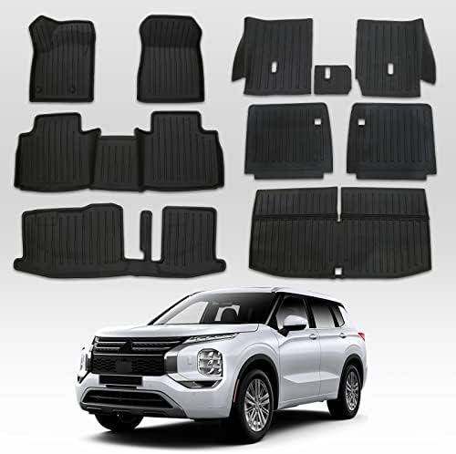 CARESA Mitsubishi Outlander Floor Mats Set Accessories 2022 2023, Full Car Protection (3 RowFloor Mats+3rd Row Trunk Mat+2rd Row and 3rd Row Seat Back Covers with Velcro) (Not for Sport)