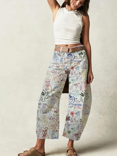 ebossy Women's Cute Floral Patern Baggy Barrel Jeans Mid Rise Wide Leg Horseshoe Capri Denim Pants3