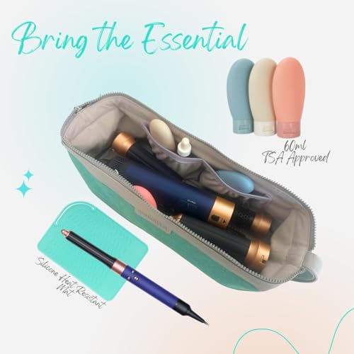 ‍Hair Tool Travel Bag with Heat Resistant Mat – Travel Case for Curling Iron, Straightener, Dy son Air wrap, Shark FlexStyle – Waterproof Organizer with Silicone Bottles2