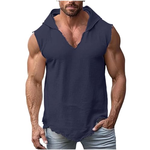Hoodies for Men UK Sleeveless Linen T Shirts Muscle Fit Designer Tshirts with Hood Plain Colour Raw Edge Hems T-Shirts Smart Casual Breathable Hoody Men's Fashion Streetwear