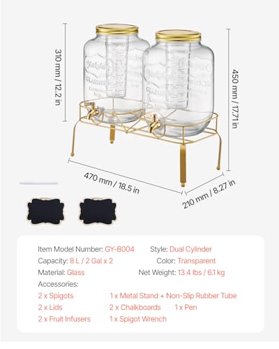 Image of VEVOR Beverage Dispenser, 2 Pack 2 Gallon Drink Dispensers for Parties, Glass Juice Dispenser with Metal Stand, Stainless Steel Spigot, Infuser, Iced Tea Lemonade Juice Water Dispensers for Parties