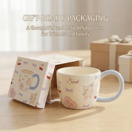 Taza de cerámica 13oz con patrón de gato y cerezas miniatura 6