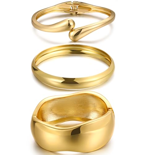 Image of Chunky Gold Bangle Bracelets for Women, Dainty 14k Gold Plated Big Stackable Bangles Set, Trendy Statement Cuff Bracelet Stack Fashion Jewelry Gifts