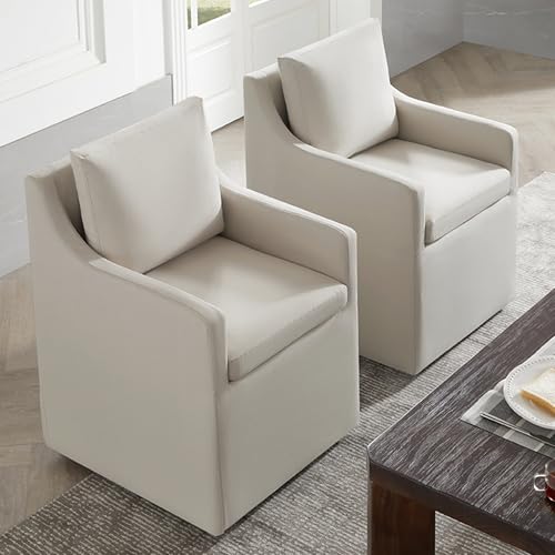 Image of KISLOT Upholstered Dining Chairs with Casters Modern Side Armchair with Rollers for Diningroom Bedroom Livingroom Reading Room, Flax Beige, 2 Box