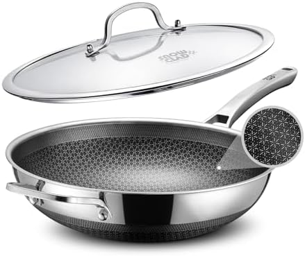 Wok, 13 Inch Hybrid Woks & Stir-fry Pans Nonstick, Non Toxic Stainless Steel Wok Pan with Lid, Dishwasher Induction Oven Broiler Safe, PFOA Free Cookware Non Stick