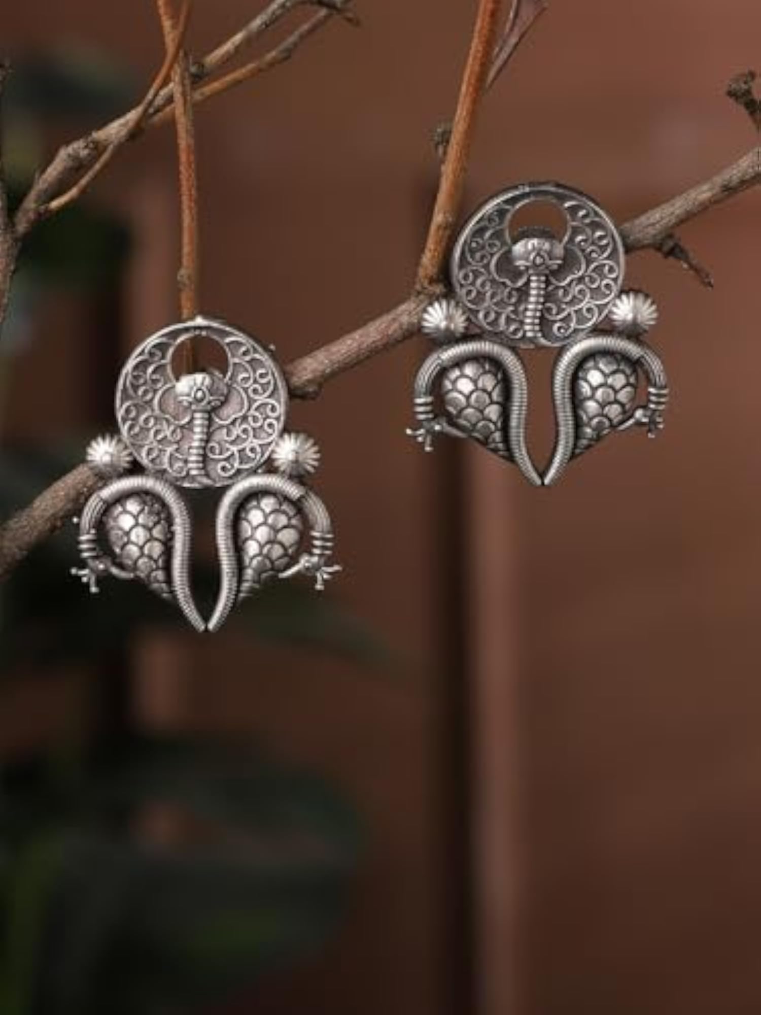 Antique Silver Oxidised Jhumka Earrings, Ethnic Design