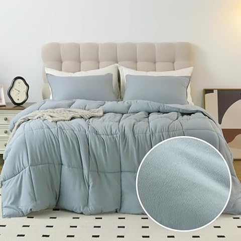 KASENTEX Queen Comforter Set - Boho Seersucker Design, Down Alternative Fill,Duvet Insert Box Stitch Quilting, Fluffy and Soft, All Season, Machine Washable, 3 Pieces with 2 Pillow Shams, Grey Blue Cover