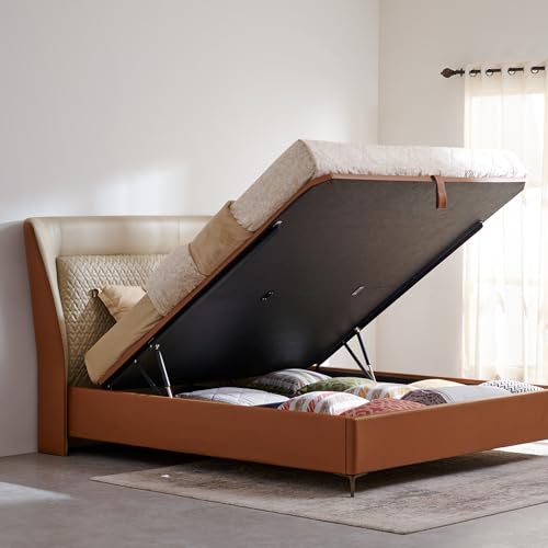 Image of Home Centre | Tiffany Caramel Queen Size Bed with Hydraulic Storage | Engineered Wood | Brown | 1 Year Warranty