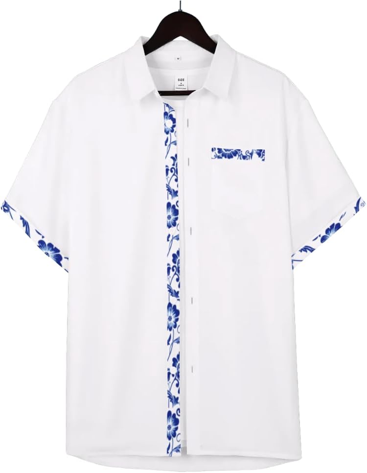 QIVICIMA Men's Hawaiian Shirt Linen Short Sleeve White Pink Sky Blue Button Down Shirt Casual Print Shirts - Image 2