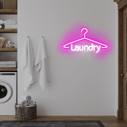 Image of Laundry Neon Sign Laundromat Led Neon Sign Washing Machine LED Light | USB Powered Neon Sign For Laundry Room Laundry Wall Art Laundry Room Decors 16.5 inchx9.1 inch, Pink+White