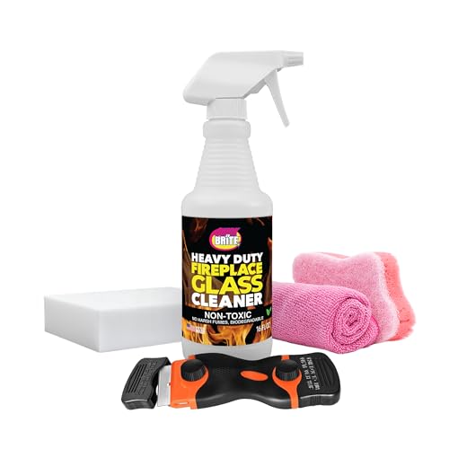Quick n Brite Fireplace Glass Cleaner Kit Heavy-Duty 16oz Cleaner with Scraper Tool Melamine & Scrubber Sponges Microfiber Towel Glass Wood Stove & Fireplace Door Cleaning - Made in the USA