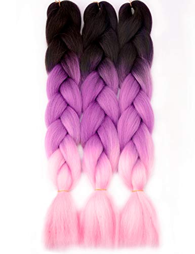 VCKOVCKO Ombre Braiding Hair Kanekalon Jumbo Braiding Hair Jumbo Braids Hair Extensions Synthetic Kanekalon Fiber Braiding Hair for Twist 24",3 Bundles/Lot,Black-Violet-Pink