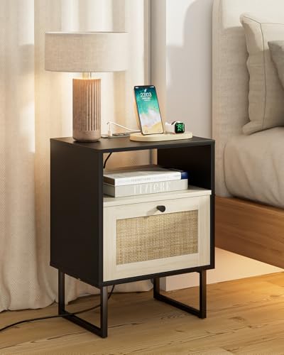 Image of Rattan Nightstand with Charging Station, Boho Night Stand Farmhouse Wood Bedside Table with Storage and Open Shelf, End Side Accent Table for Bedroom,Living Room,Black and Oak