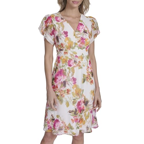Calvin Klein Womens Puff Sleeve V Neck Chiffon A-line Short Dress Berry Multi 2