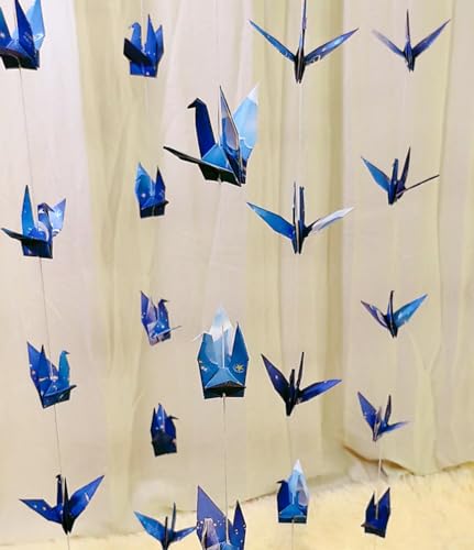 Image of Space Crane Paper Hanging Garlands (3stringsX 5.2ft), Romantic Starry Sky Origami Birds Streamers, Blue Planet Garland for Baby Shower Birthday Party Supplies Boy Bedroom Garden Decor