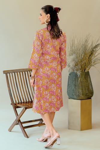 Image of MIRCHI FASHION Women A Line Cotton Print Princess Line Kantha Work Kurta (K9864 - Mustard, Coral - S)