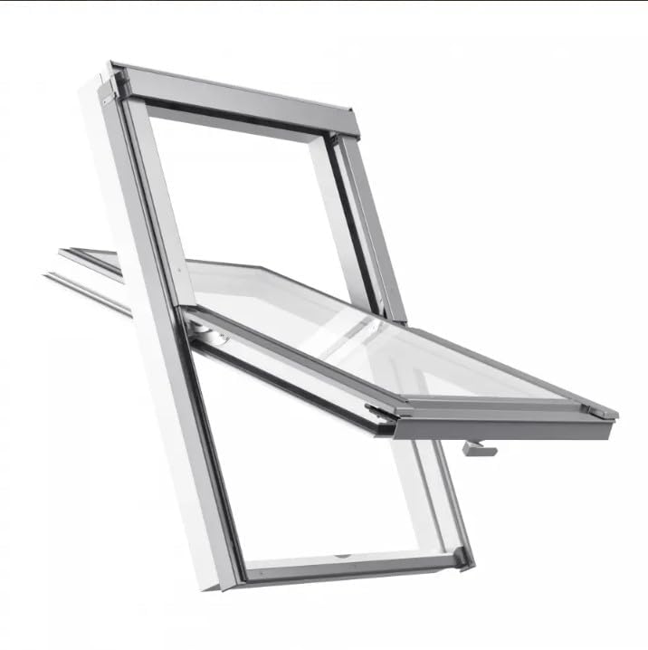 Dachfenster Kunststoff Velux Gruppe SOLID PVC Schwingfenster 55x98 cm doppelt verglast gehärtetes Außenglas Uw 1,3 W/m²K inkl. Eindeckrahmen für Ziegeldach weiß innen Aluminium grau