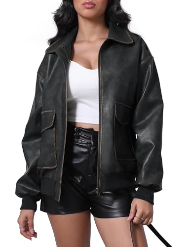 Women's Faux Leather Jacket Trendy 2025 Oversized Zip Up Motorcycle Bomber Jacket Coats Fall Winter Outerwear