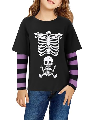 Image of Arshiner Girls Christmas Halloween Long Sleeve Shirts Graphic Stripe Plaid Patchwork Top Tee