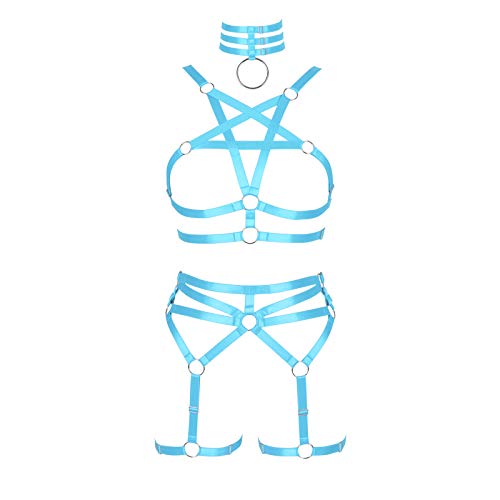 BBOHSS Femmes corps harnais pentagramme soutien-gorge ensemble Punk jarretière jambe taille danse élastique gothique carnaval accessoires (Bleu ciel)
