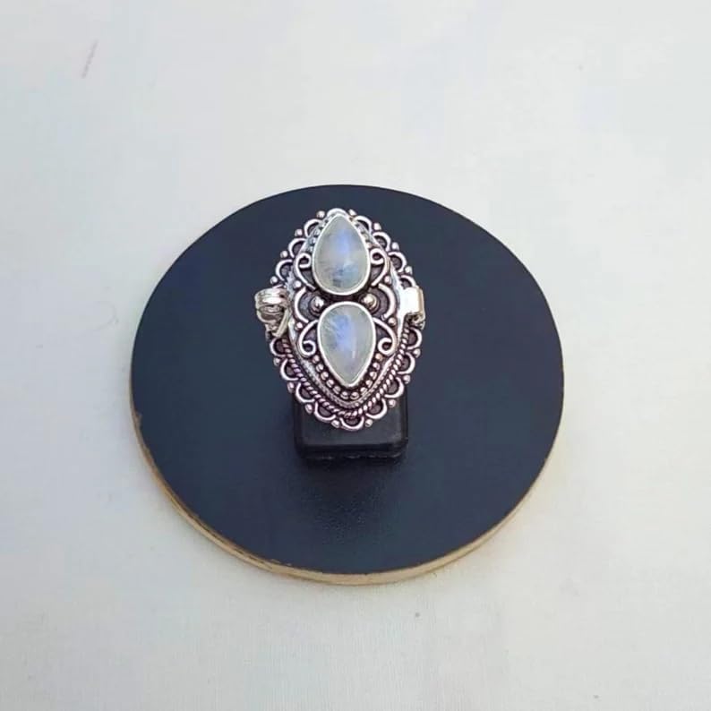 Natural Rainbow Moonstone Ring, Poison Box Ring, Tear drop stone Ring, Storage Box Ring, Moonstone Jewelry, Duel Moonstone ring, Openable Poison Ring, Locket Ring, Blue Flash Ring, Artisan design Ring