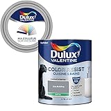Contenu : 1 x Peinture Dulux Valentine Color Resist Cuisine & Bains, Teintée en machine : Gris Building, Aspect : Satin, Quantité : 0,75 L
