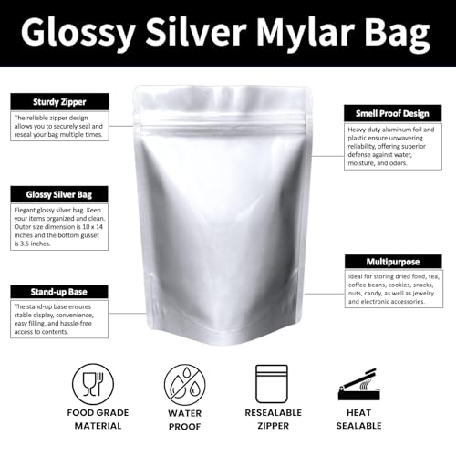 Chamigon 50 Pack 1 Gallon Mylar Bags for Food Storage - 5.1 Mil 10x14 Inches Resealable Smell Proof Stand Up Pouches with Zipper, Heat Sealable Foil Bags for Small Business and Long Term Storage — view 5