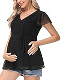 Women's Maternity Top Peplum Swiss Dots Flowy Ruffle Sleeve Blouse Black M