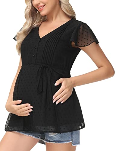 Women's Maternity Top Peplum Swiss Dots Flowy Ruffle Sleeve Blouse Black M