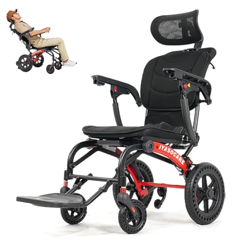 Reclining Lightweight Wheelchair for Adults & Seniors 28lb Foldable Travel Wheelchair with Adjustable 90-135 Backrest Removable Headrest Anti-Tip Wheels 330 lb Capacity