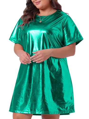Image of Agnes Orinda Plus Size Dress for Women Metallic Round Neck Short Sleeve Party Clubwear Loose Mini T-Shirt Dress