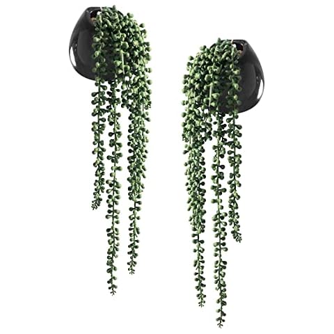 Artificial Succulents Hanging Plants, Fake String of Pearls Plants in Black Ceramic, Set of 2 Cover