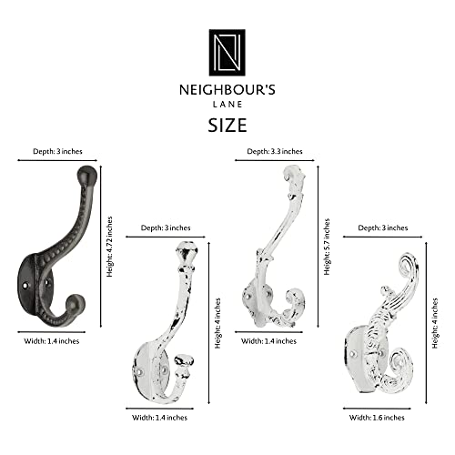 Neighbours Lane Cast Iron Hooks For Hanging Coats - Vintage Wall Hooks For Hanging Towels, Robes, Hats, Bags & More - Medium-Sized Decorative Wall Hook In Antique White Finish Pack Of 4 #TOP3