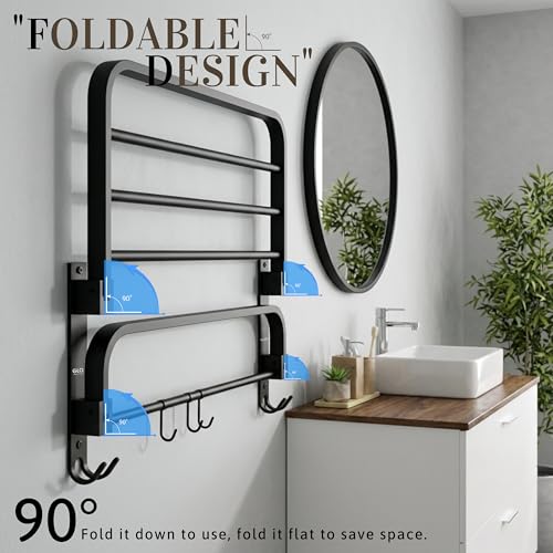 Image of Gloxy Premium Foldable Towel Holder in Bathroom with Towel Rod & Hooks - Stainless Steel Black Matte Finish Bathroom Towel Hanger for Wall Mount Installation - Towel Rack in Bathroom Accessories Set
