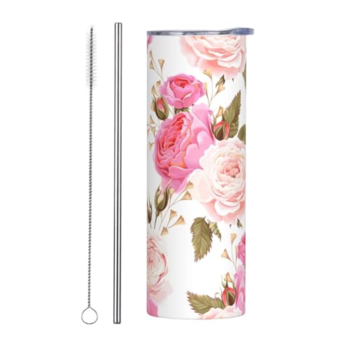 Juego de dos tazas de acero inoxidable con tapa, botella de agua aislada con estampado floral de flores rosas, fácil de transportar para cafetería, oficina, coche, deportes