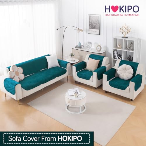Image of HOKIPO Quilted Sofa Cover 5 Seater Set - Washable 3+1+1 Sofa Cover for Seat & Back | 'Quilt Classic' Teal (IN-927 * 2+925 * 4-Teal)