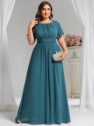 Image of Ever-Pretty Plus Elegant Formal Dresses for Curvy Women Round Neck Short Sleeves Chiffon Bridesmaid Mother of The Bride Dress
